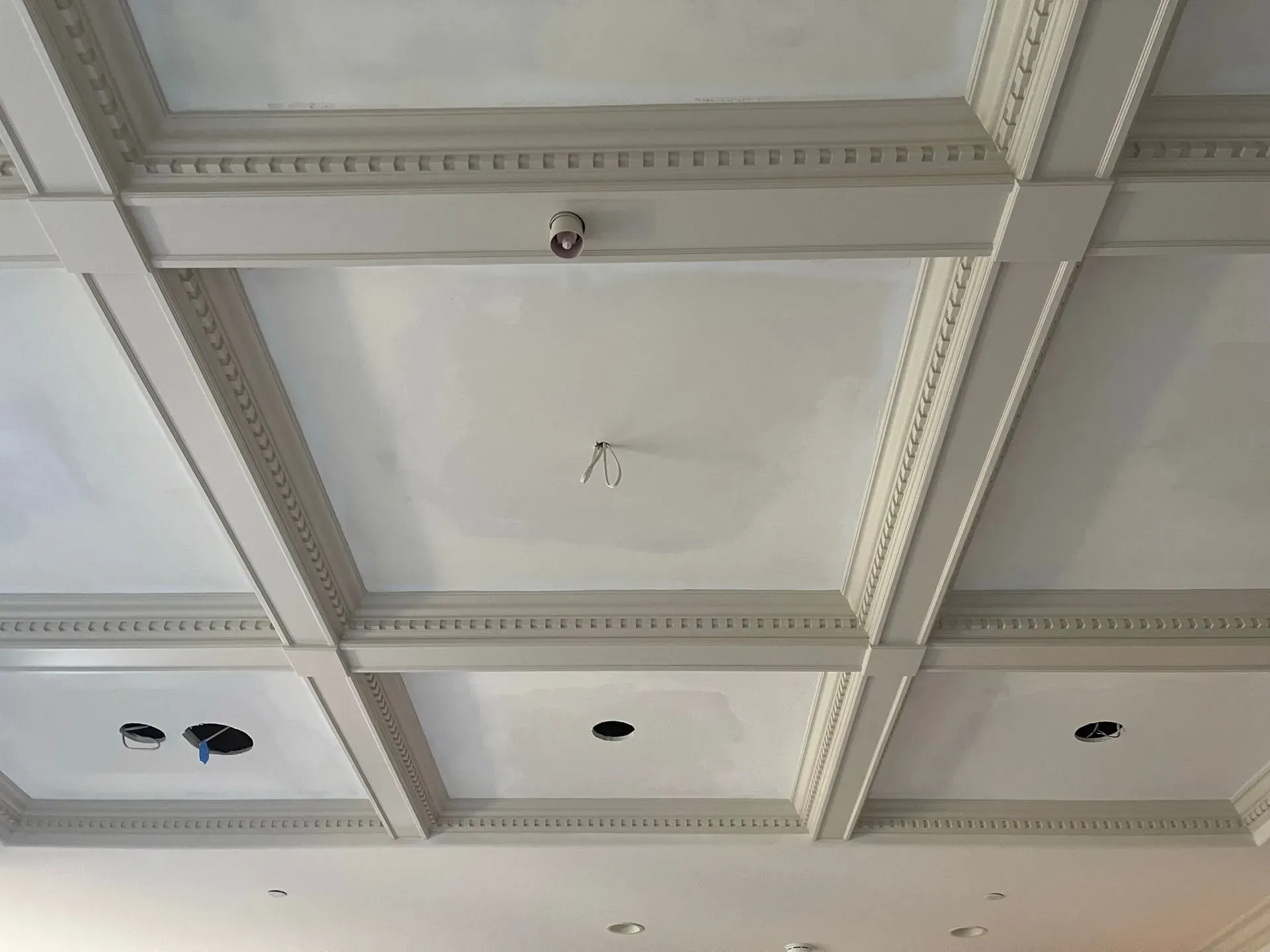 White coffered ceiling with decorative molding and small light fixtures recessed in the panels