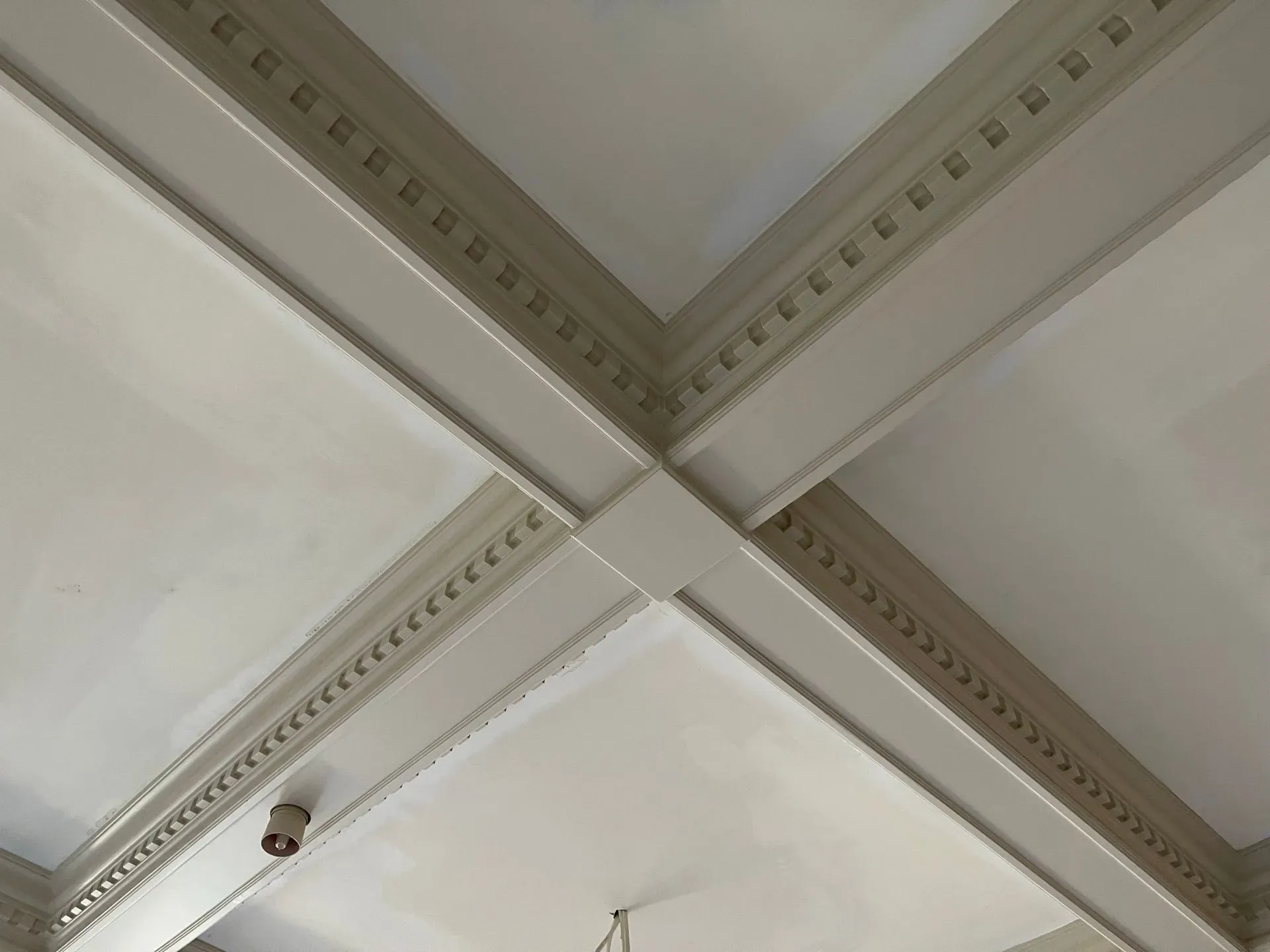 White coffered ceiling with decorative molding and a small ceiling fixture visible