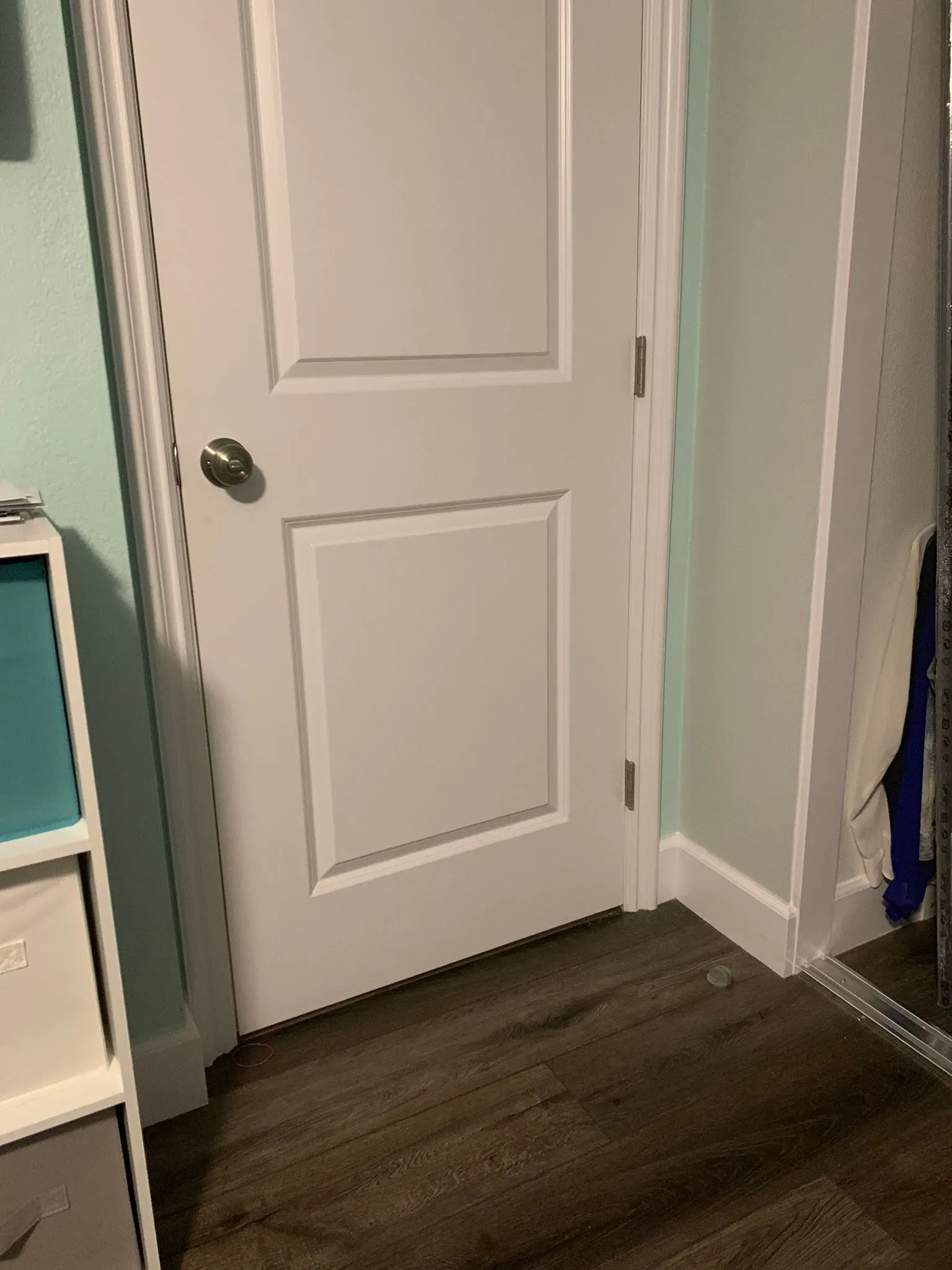 White interior door in a small room with dark wood flooring and teal walls.