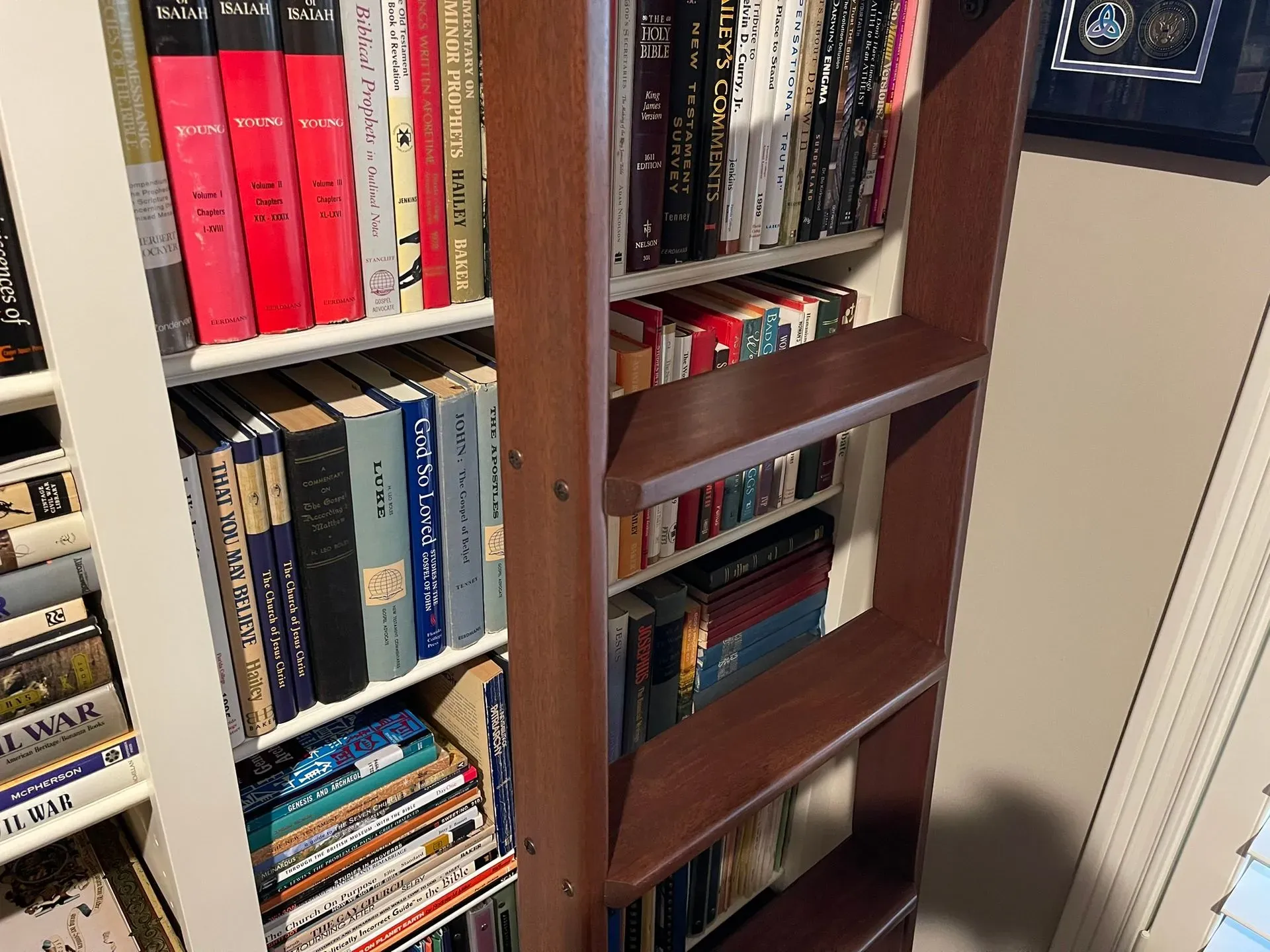 Bookshelves filled with books, with a wooden door or cabinet partially open in the foreground.