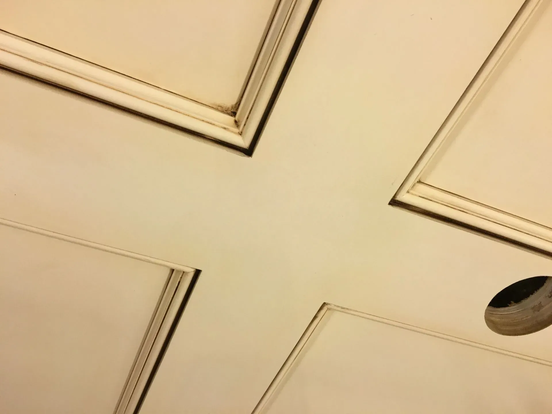 Cream-colored ceiling with decorative panels and a circular recessed opening.