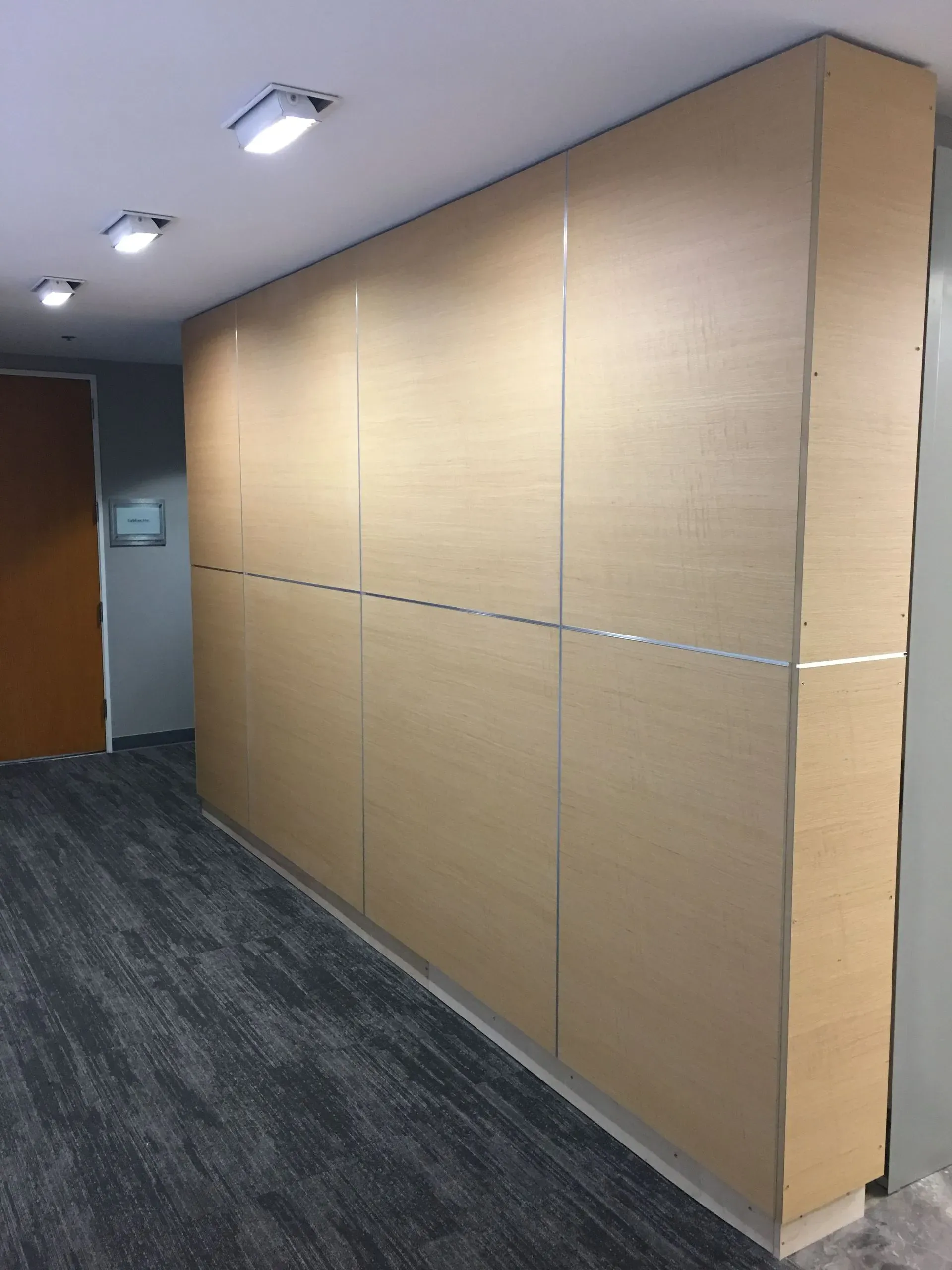 Hallway wall covered with large tan protective panels beside a carpeted corridor