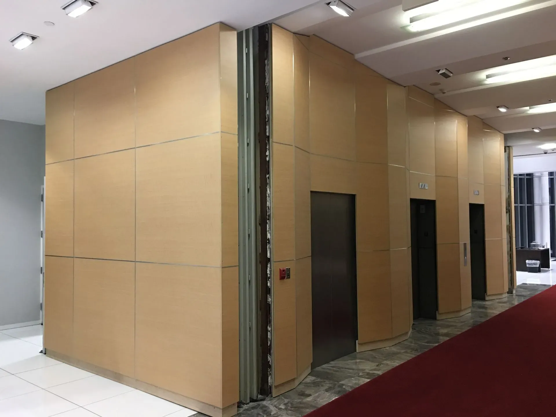 Modern interior hallway with beige walls, elevator doors, and a red carpet runner