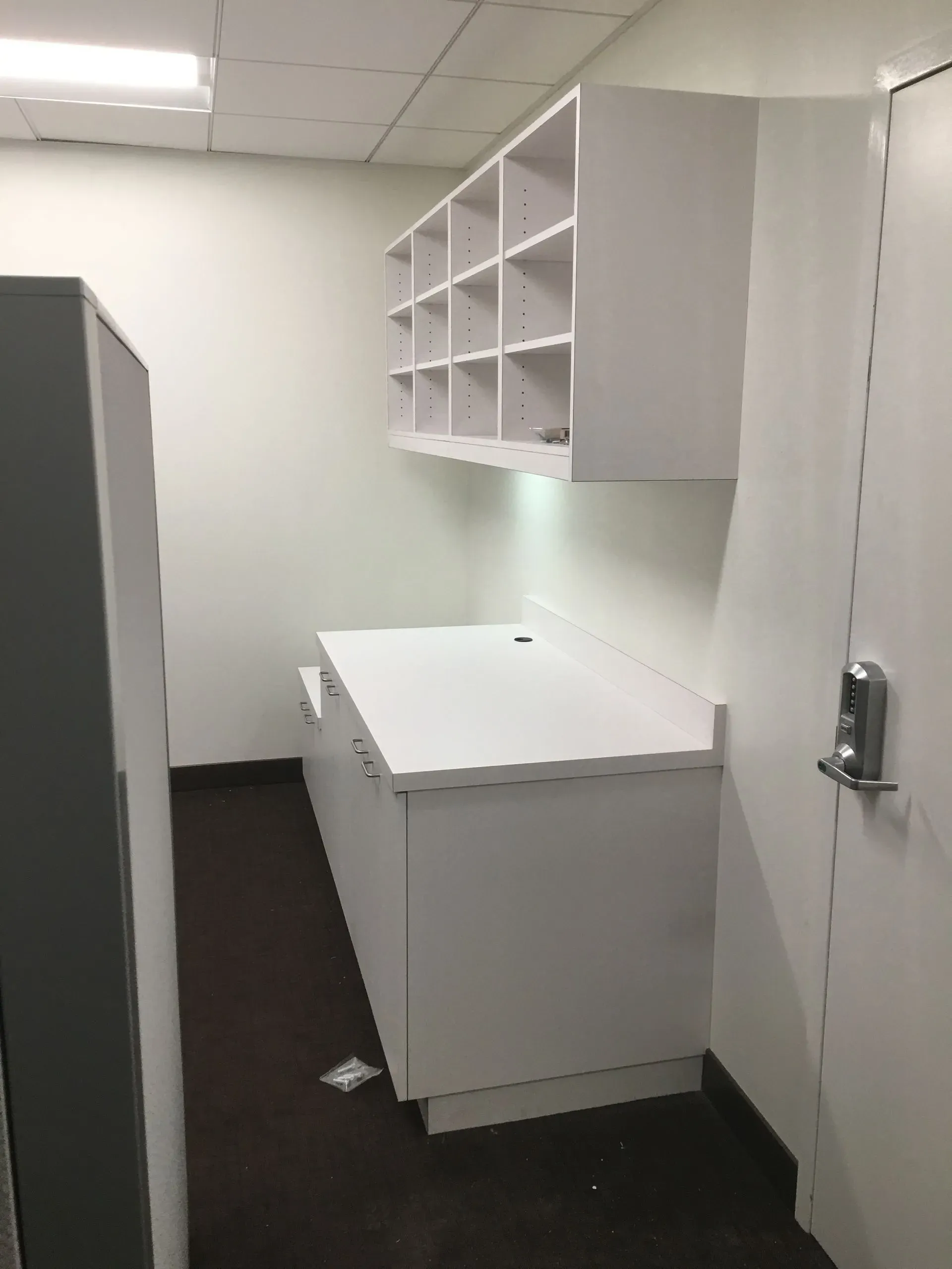 Small white room with a counter, wall shelves, cabinets, and a door.