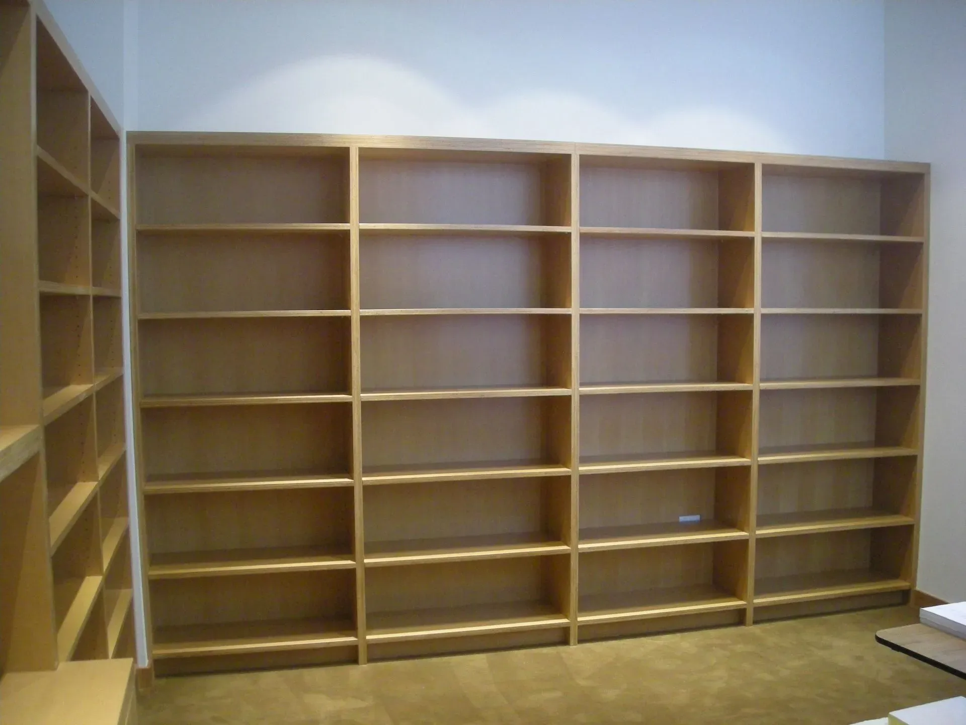 Empty wooden bookshelves in a room against a pale wall