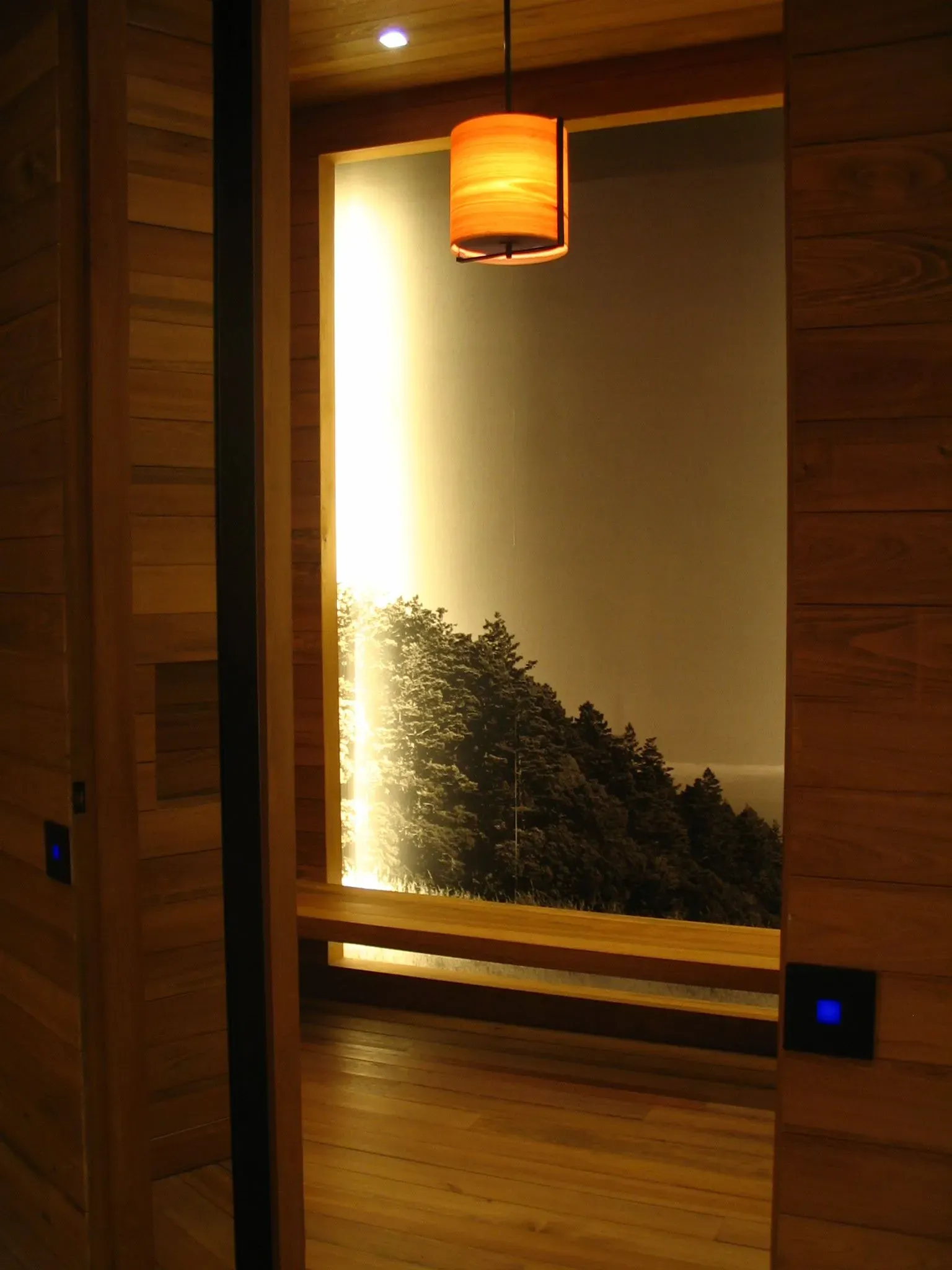 Wood-paneled doorway with a hanging lamp, lit wall panel, and small blue-lit switch