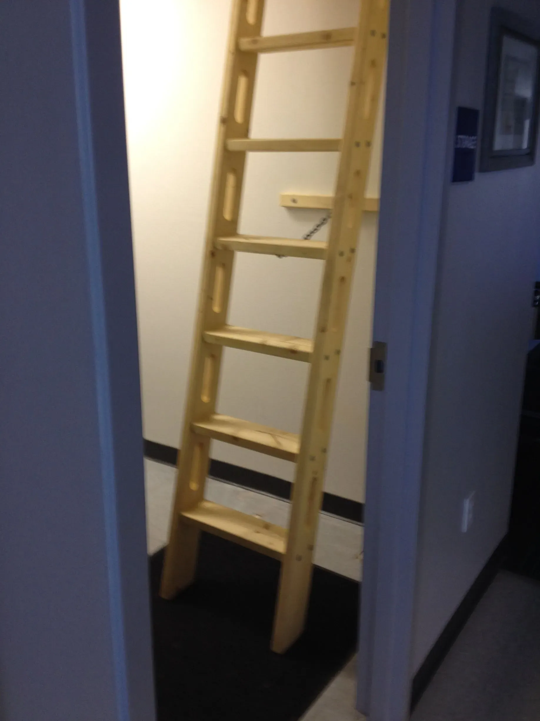 Wooden ladder standing in a hallway doorway against white walls and dark carpet.