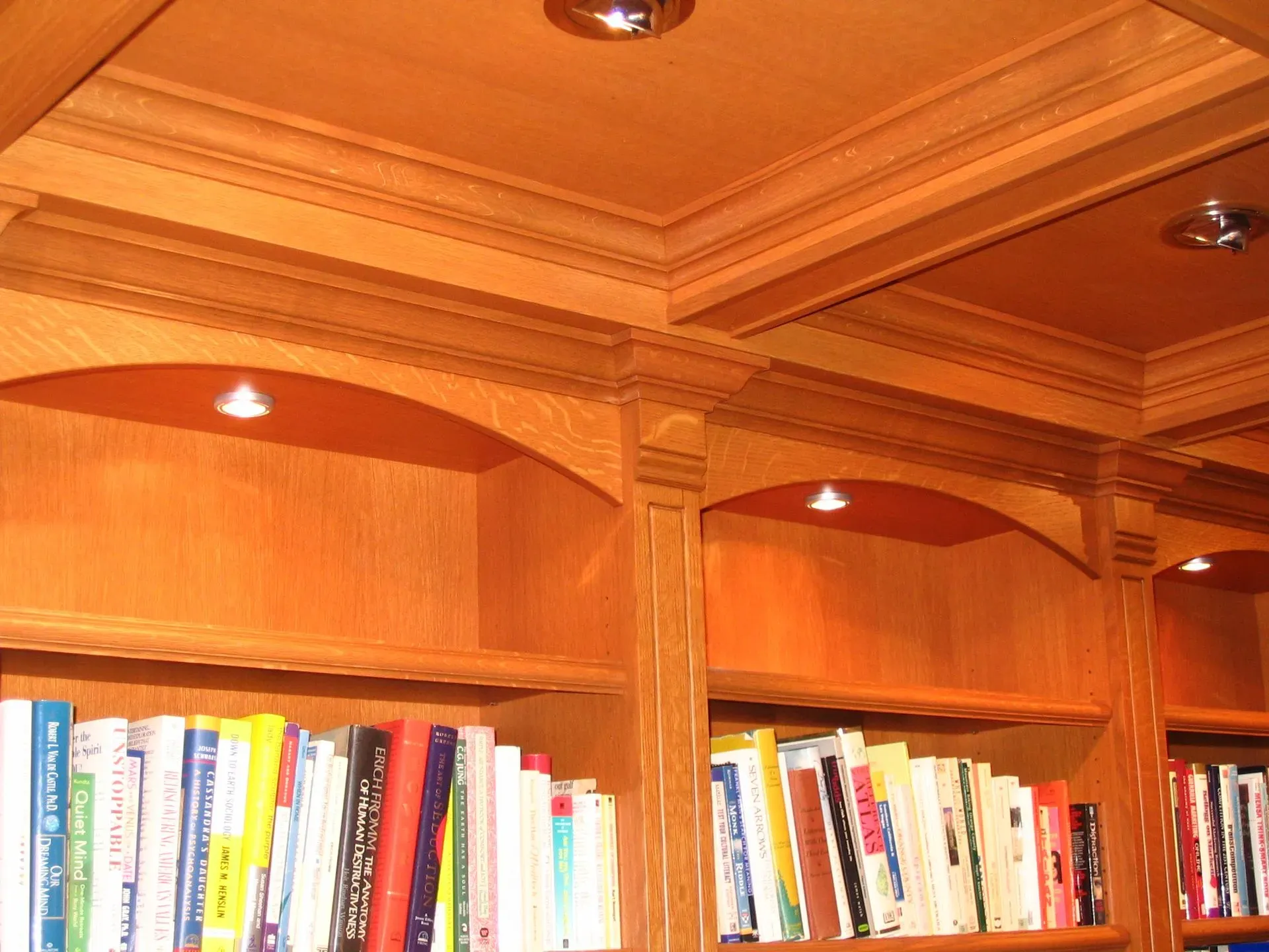 Wooden bookshelves filled with colorful books beneath a warm, ornate ceiling with recessed lights