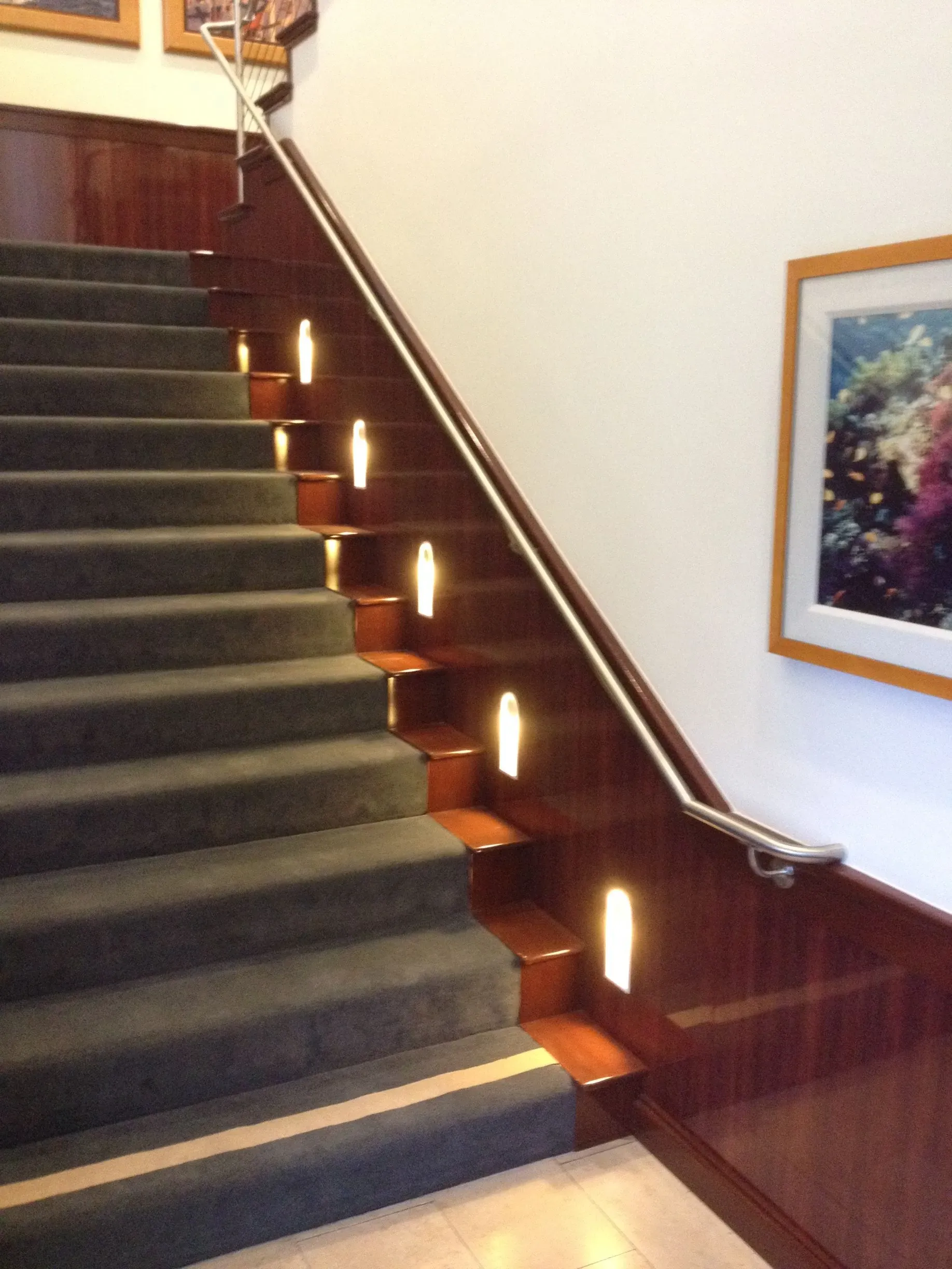 Indoor staircase with lit step lights, dark carpet, wooden rail, and framed wall art.