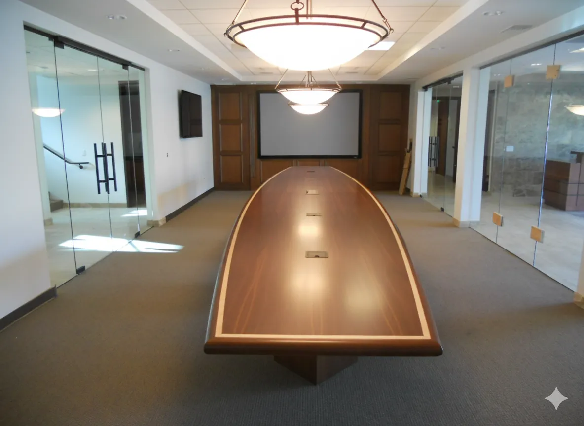 Conference room with a long wooden table, glass walls, and a projection screen at the front
