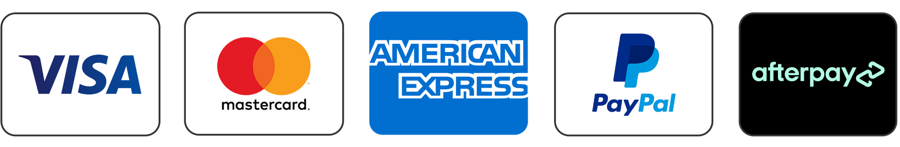 Visa, Mastercard, American Express, Paypal, Afterpay
