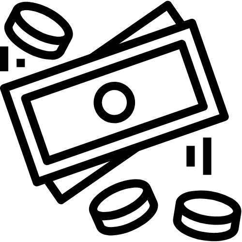 Black outlined money bills and coins icon, suggesting cash or payment