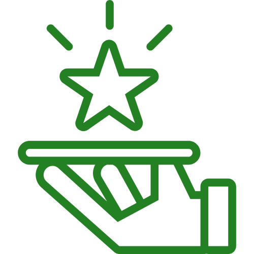 Green line icon of a hand holding a platform with a star and spark lines above it