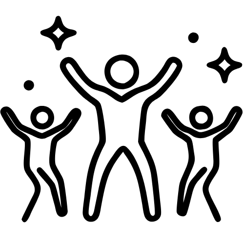 Three stylized black figures with raised arms surrounded by sparkles on a white background