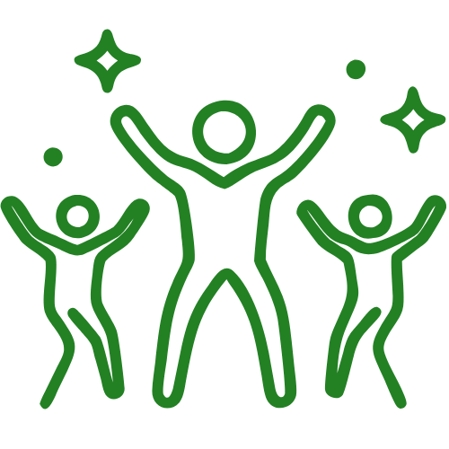 Green outline of three celebrating people with raised arms and sparkles on a white background