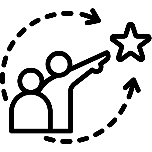 Two people reaching toward a star with a dashed circular arrow path
