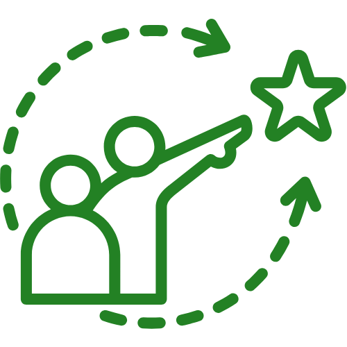 Green outline of two people reaching toward a star with dashed circular arrows around them.