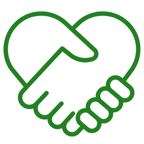 Green outline of a heart-shaped handshake icon symbolizing partnership and support