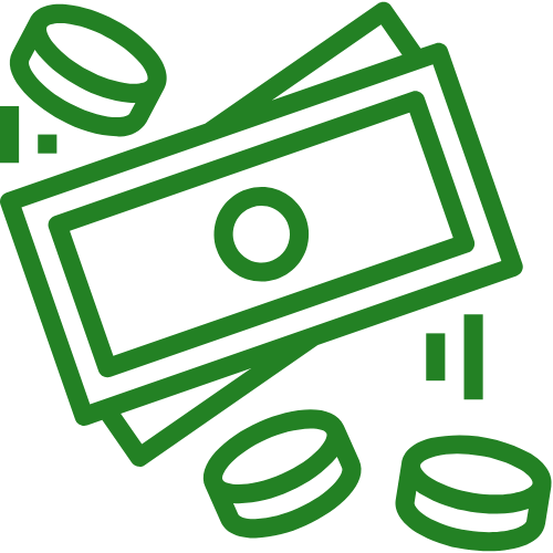 Green line icon of dollar bills and coins, suggesting money or payment