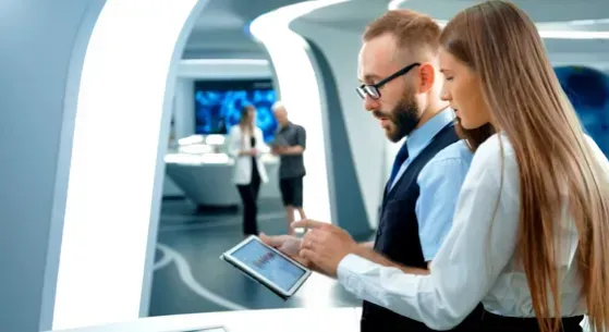 A man and a woman are looking at a tablet together.