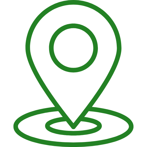 Green location pin icon over concentric rings, symbolizing a map marker or destination.