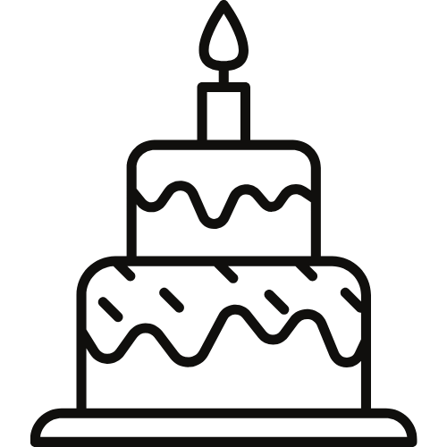 Black-and-white line drawing of a two-tier birthday cake with a lit candle on top