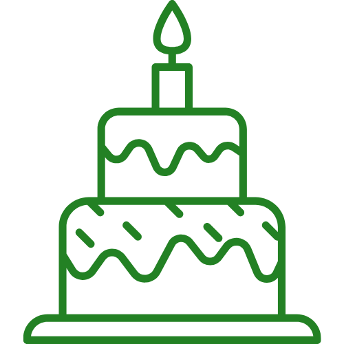 Green line-art birthday cake with a candle on top and wavy icing layers
