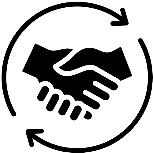 Black handshake icon inside circular arrows, suggesting agreement or exchange.
