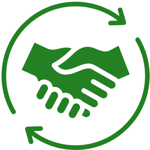 Green handshake icon inside a circular arrow loop, symbolizing partnership and recycling.