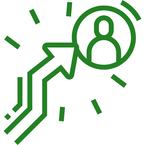 Green upward arrow pointing to a user icon inside a circle, suggesting account growth or profile selection