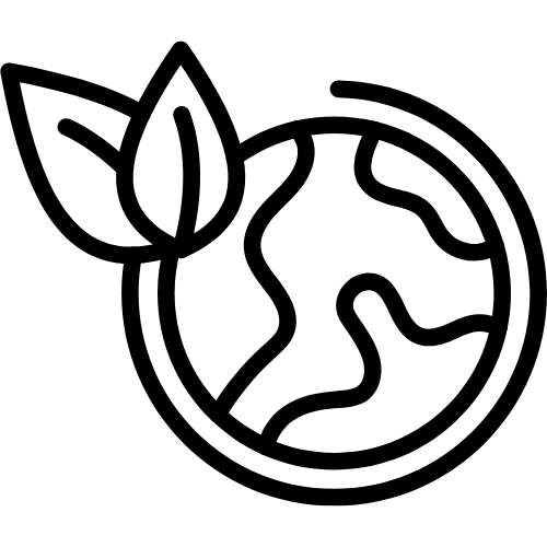 Black outline icon of a globe with two leaves, symbolizing eco-friendly Earth.