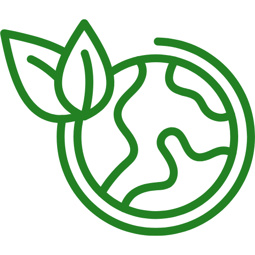 Green outline of a globe with two leaves, symbolizing eco-friendly or sustainable living.