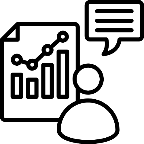 Chart with bar graph and line trend beside a person icon and speech bubble