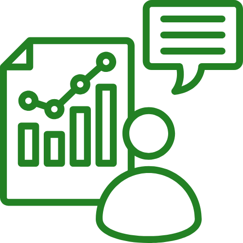 Green outline of chart document, person, and speech bubble indicating data discussion