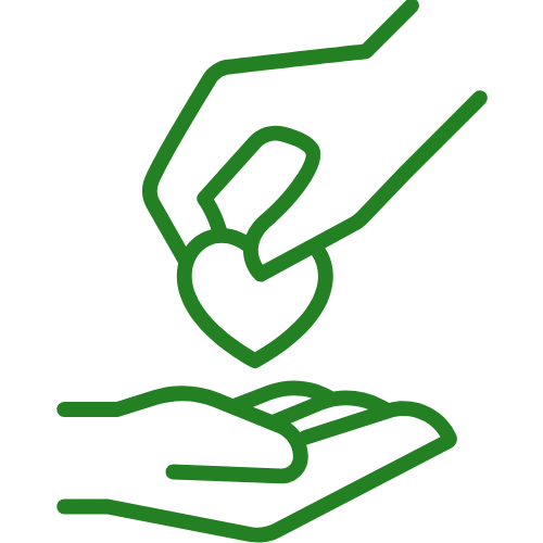 Green outline icon of hands handing a heart to another open hand