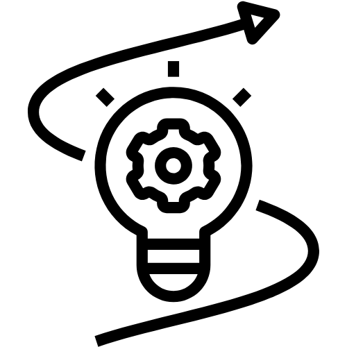 Light bulb with gear icon and curved arrow, black on white, symbolizing innovation and idea development