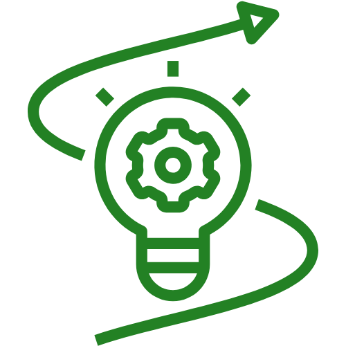 Green lightbulb with gear inside and a swooping arrow around it, suggesting innovation and growth