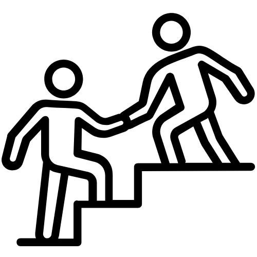Two stick figures holding hands while climbing up and down a step