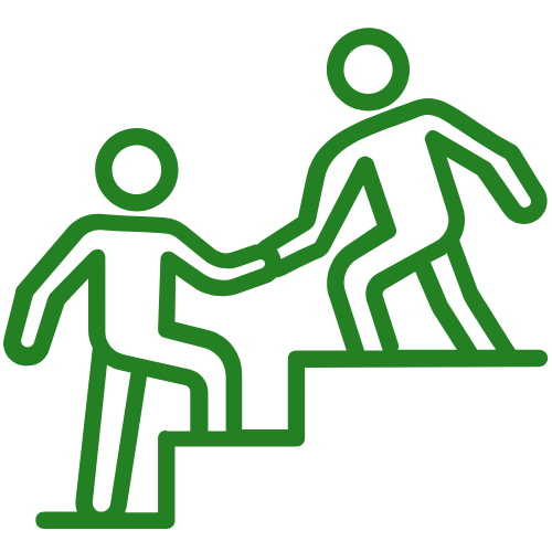 Green outline icon of one person helping another climb stairs
