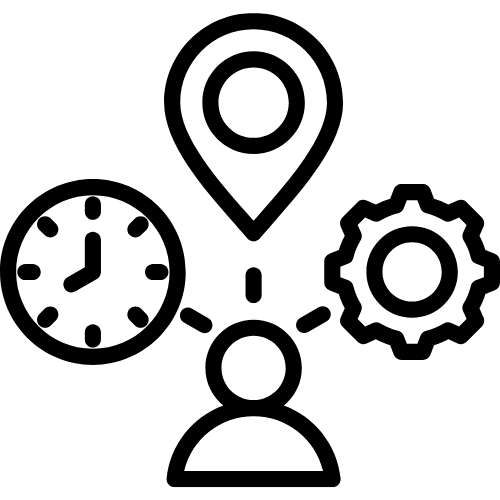 User with clock, location pin, and gear icons representing scheduling and settings
