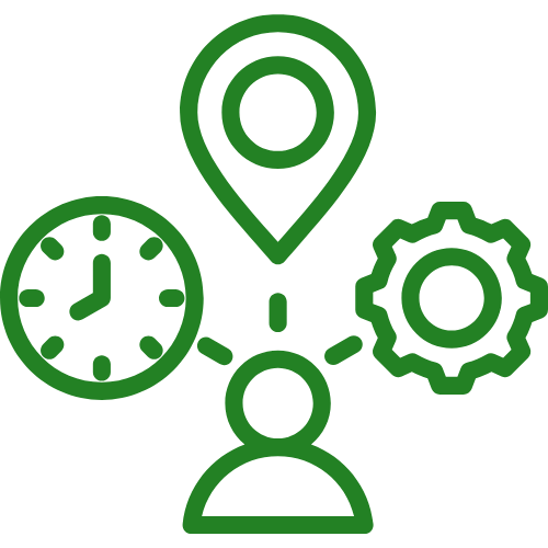 Green line icons of a person, location pin, clock, and gear connected by dotted lines