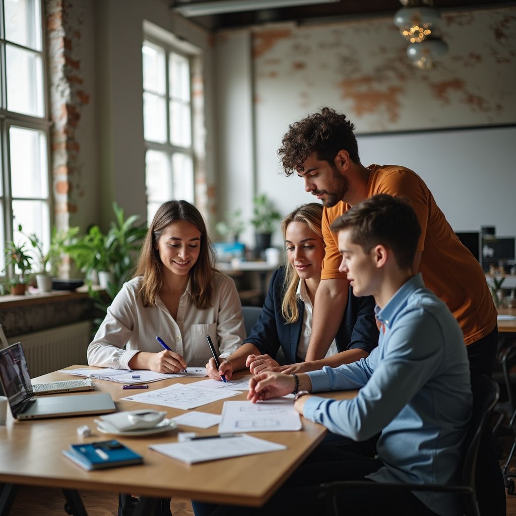 Four coworkers collaborate around a table with papers and laptop in a bright office