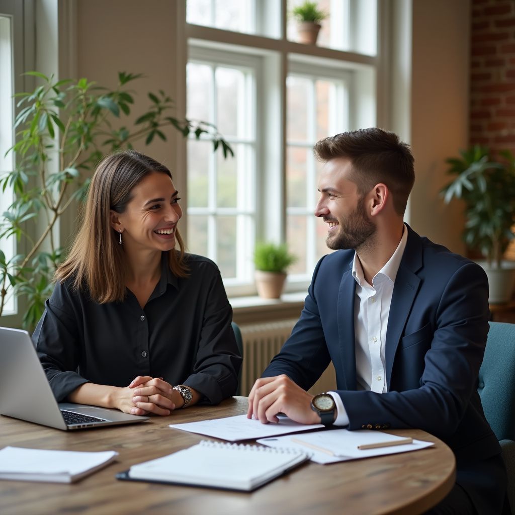 Two colleagues talking at a laptop in a bright office with papers and notebooks on the table