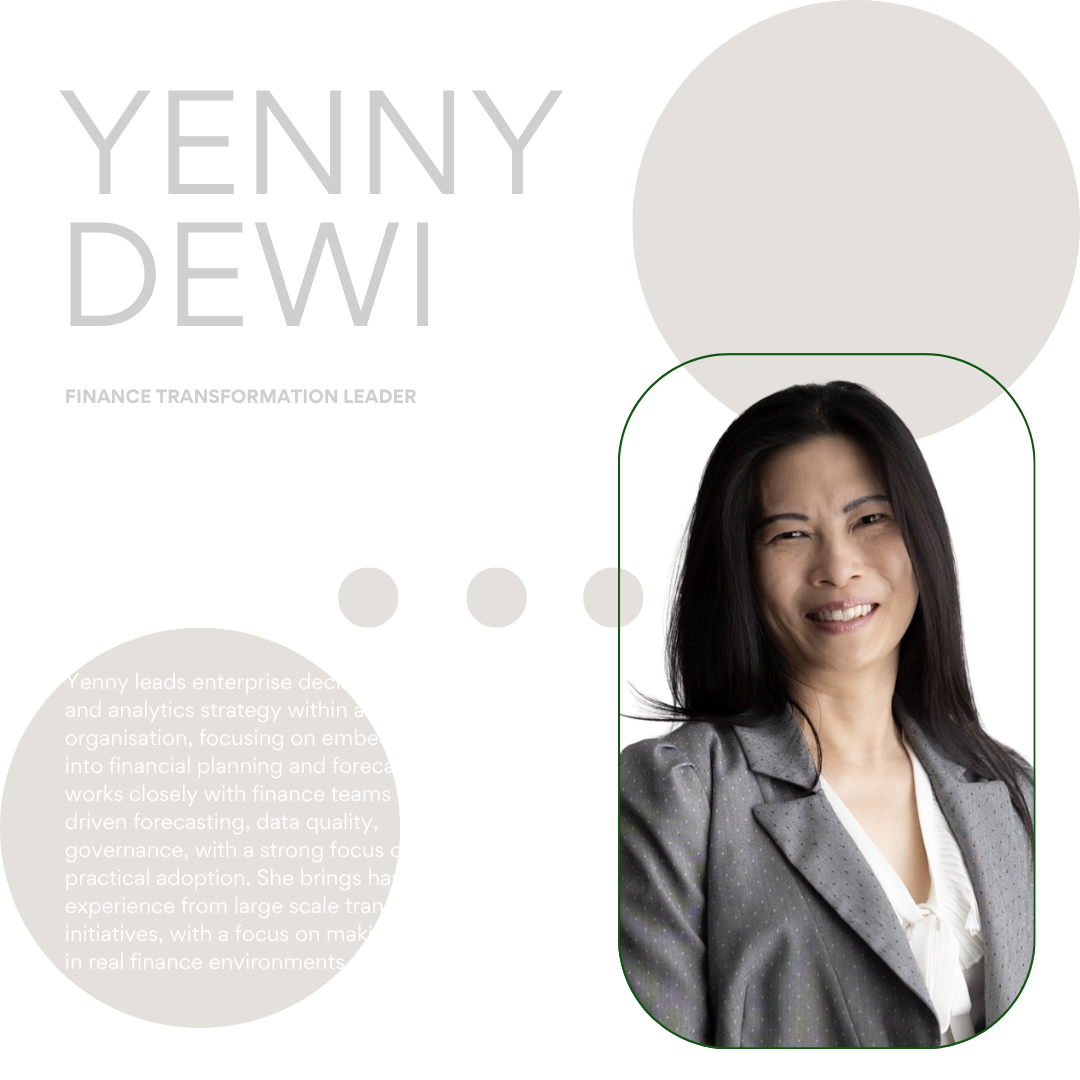 Portrait poster with the name “Yenny Dewi” in pale gray and a smiling woman in a gray blazer on white background