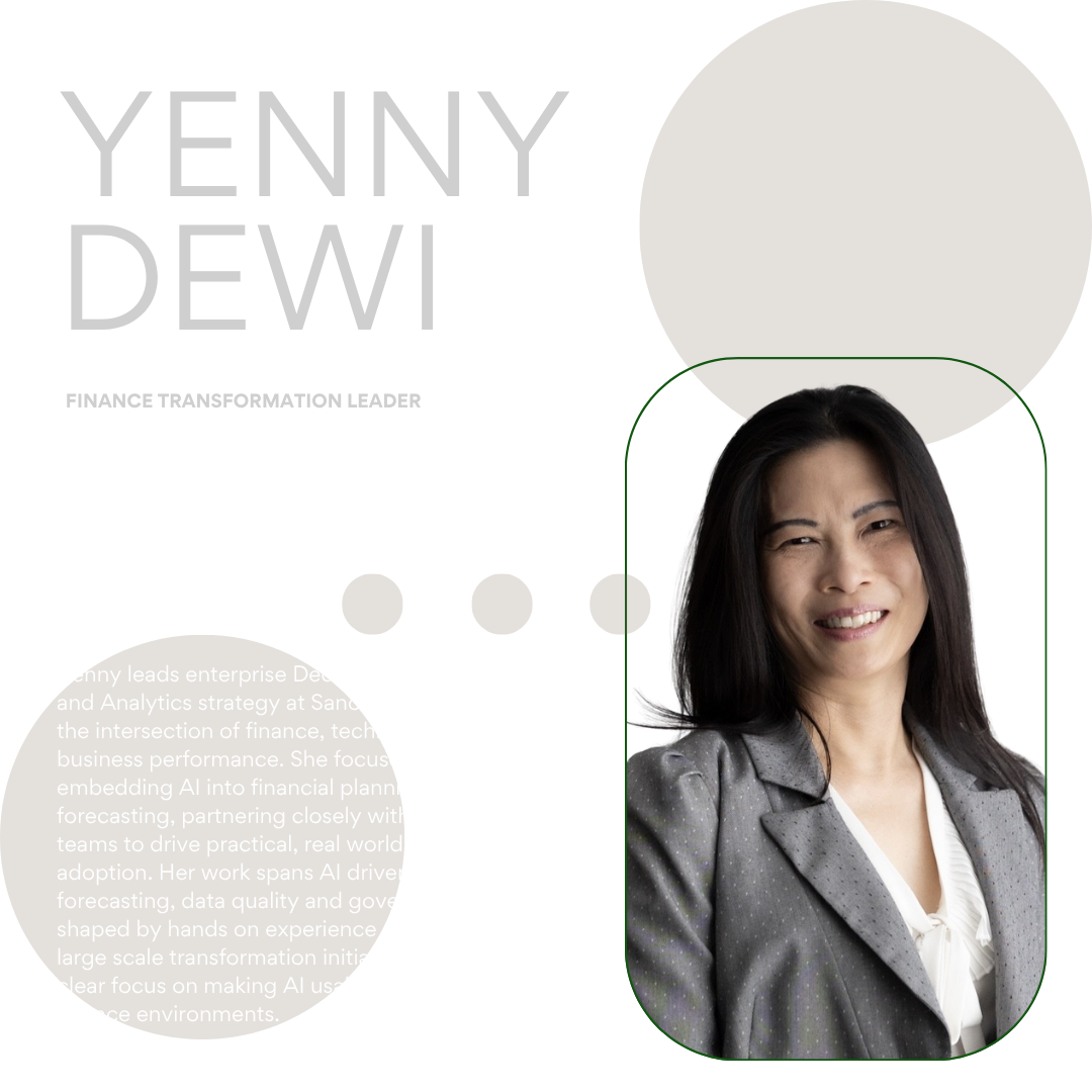 Portrait of a woman in a gray blazer on a clean white profile layout with “YENNY DEWI” text