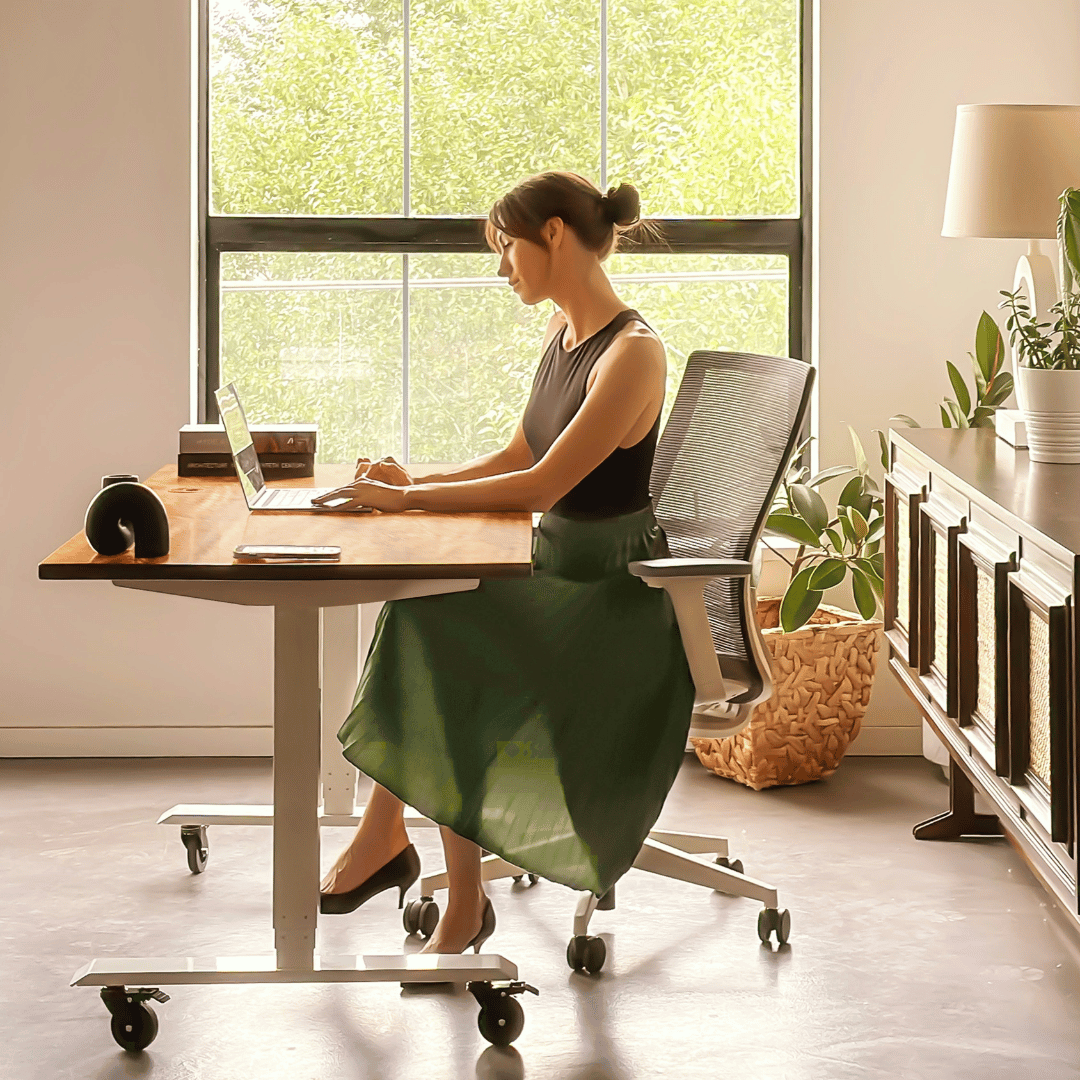 Person working on a laptop at a desk in a bright home office, with a chair and plants nearby