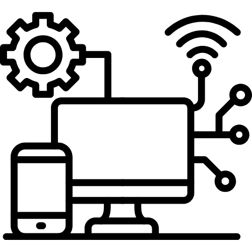 Black line icon of a computer, smartphone, gear, and wireless network symbol