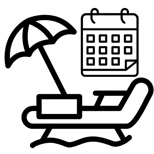 Black line icon of a beach chair, umbrella, and hanging calendar, suggesting vacation or time off