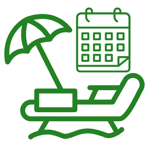 Green outline of a beach chair, umbrella, and calendar icon, suggesting a vacation or time off.