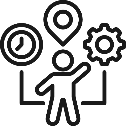 Line icon of a person with location pin, clock, and gear, suggesting settings and scheduling control